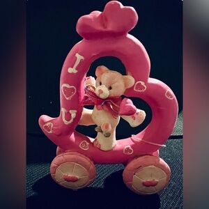 Cherished Teddies pink Bear Heart figurines with I love you and heart on wheels